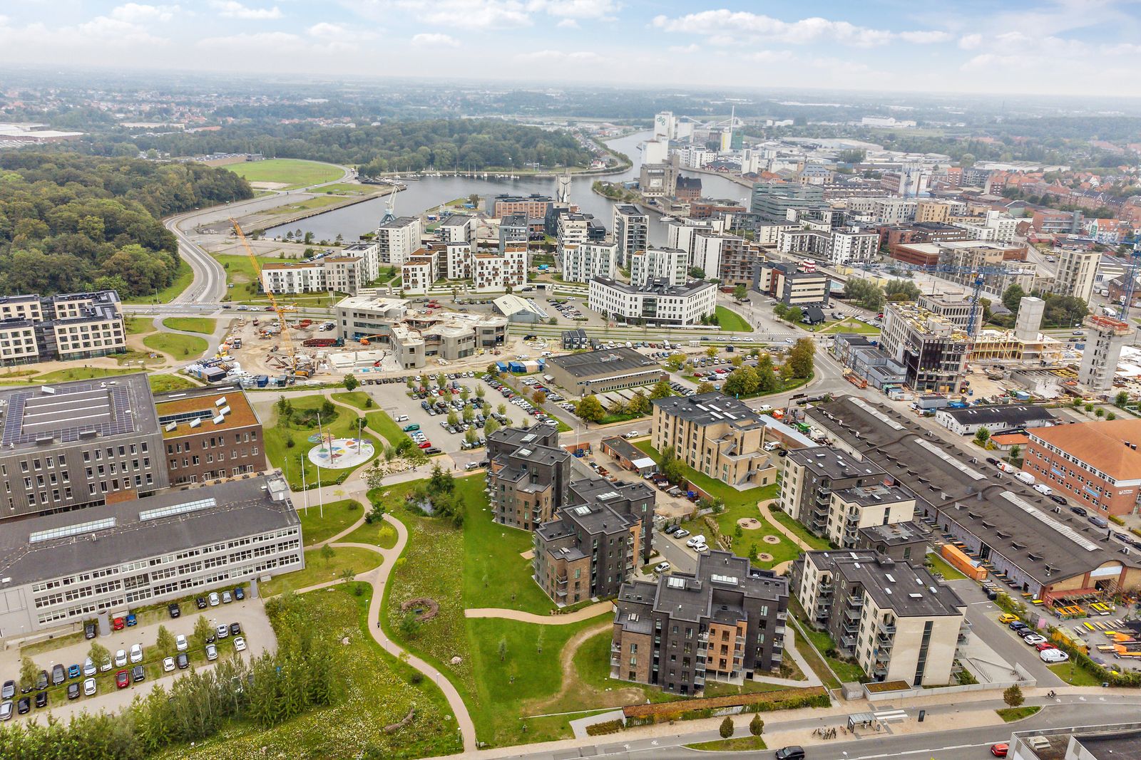 Aerial view of our apartments in Odense harbour district, 2 minutes from Odense Central Station