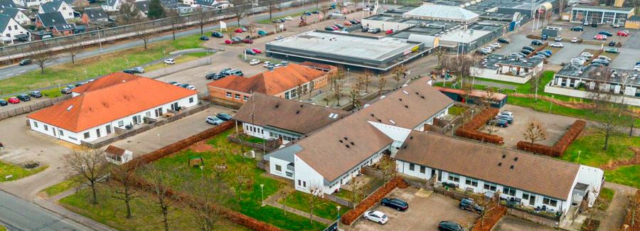 Aerial view of single-level homes with private gardens at Grønvej, Langeskov